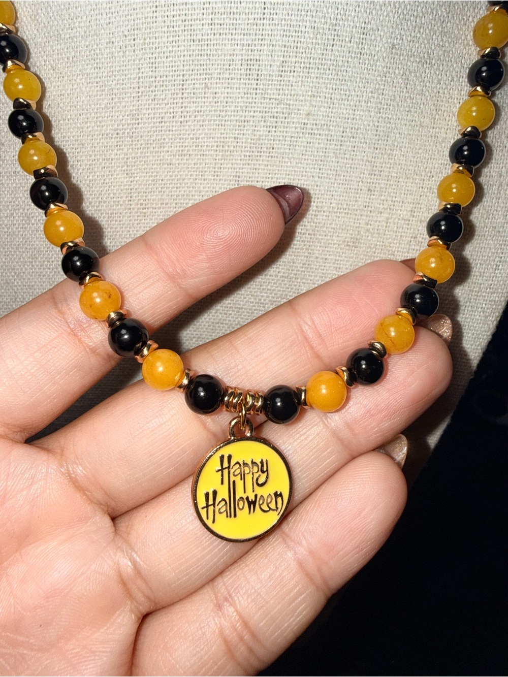 Yellow Agate & Black Onyx Halloween Necklace 17”
